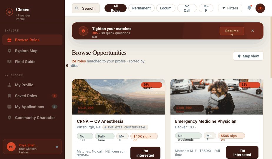 Chosen: a pipeline of matched, opted-in providers